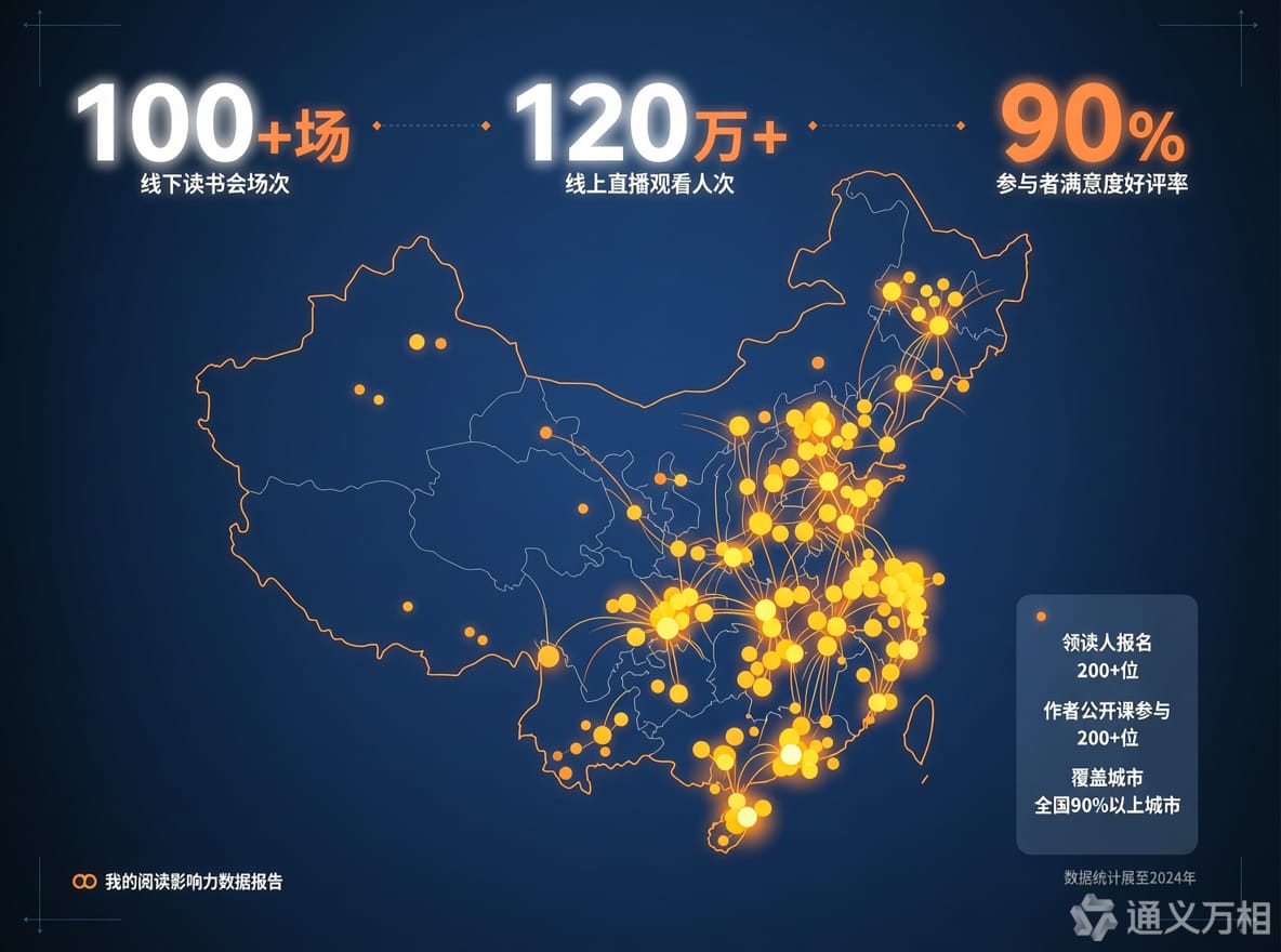 读书联动数据总览：100+场线下读书会、120万+直播观看、90%满意度